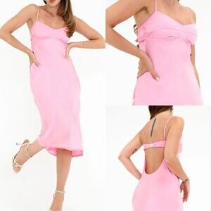 Rumored Monroe Midi Dress Bonbon Pink MEDIUM Satin Flowy Cocktail‎ Sexy